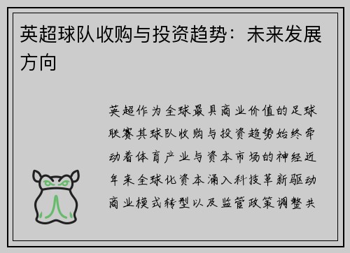 英超球队收购与投资趋势：未来发展方向