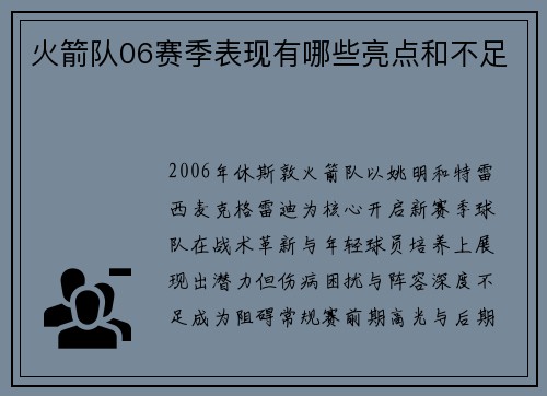 火箭队06赛季表现有哪些亮点和不足